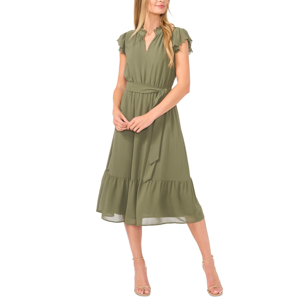 CeCe Women Scallop Ruffle Midi Dress Dark Clover Size L (NewDefect)